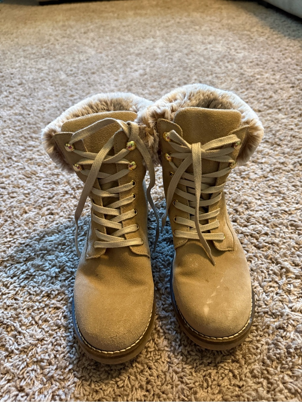Tan Suede Faux Fur Trim Lace-Up Winter Combat Boots Size 7.5 US / 38 EU